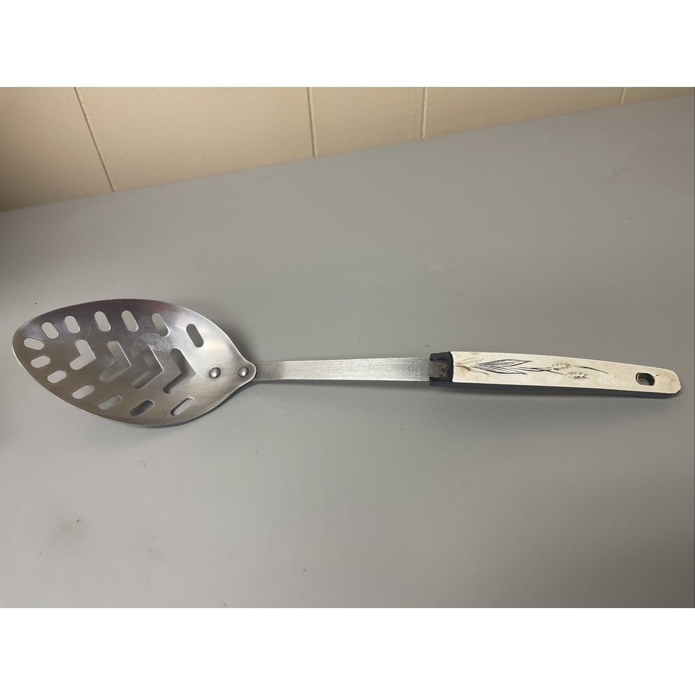 Vtg MCM ASHTON Stainless Steel Slotted Serving Spoon 12" Wheat Design‎ Japan